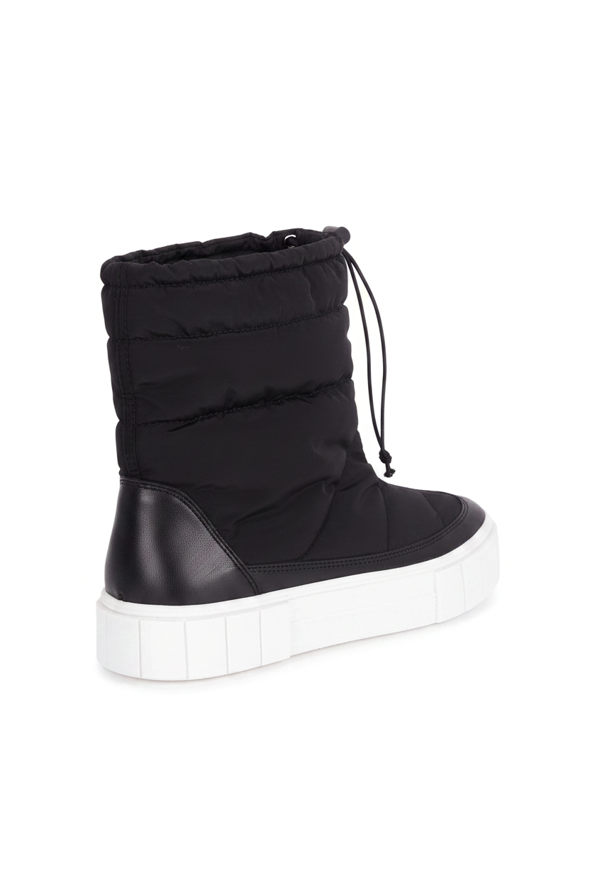 Andira black quilted nylon winter boots, three quarter rear view showing the white platform sole