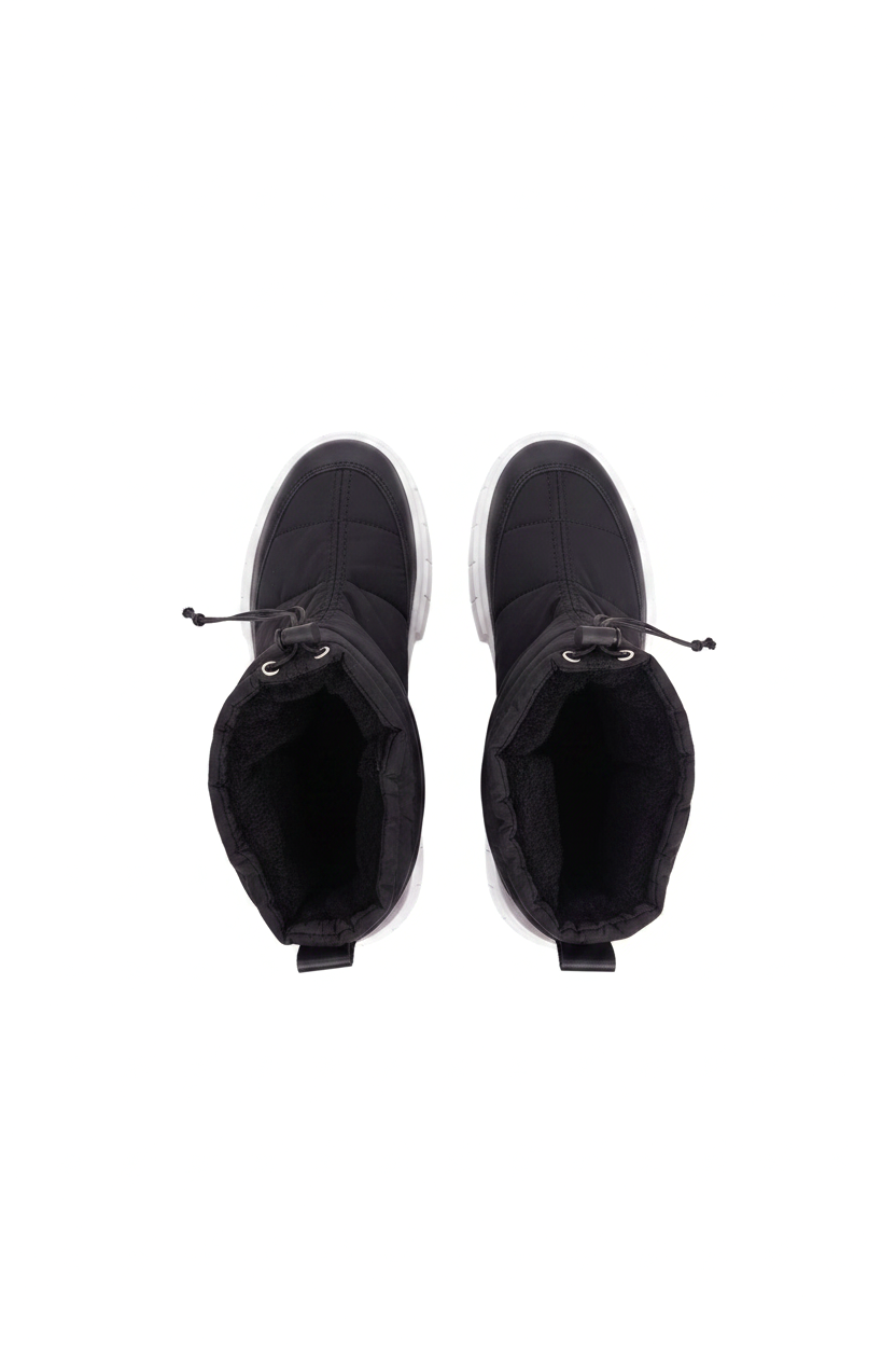 Andira black nylon winter boots top view showing the black fleece lining and drawstring