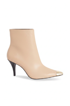 Inga beige leather ankle boots side view with gold toe cap and 8.7cm black stiletto heel