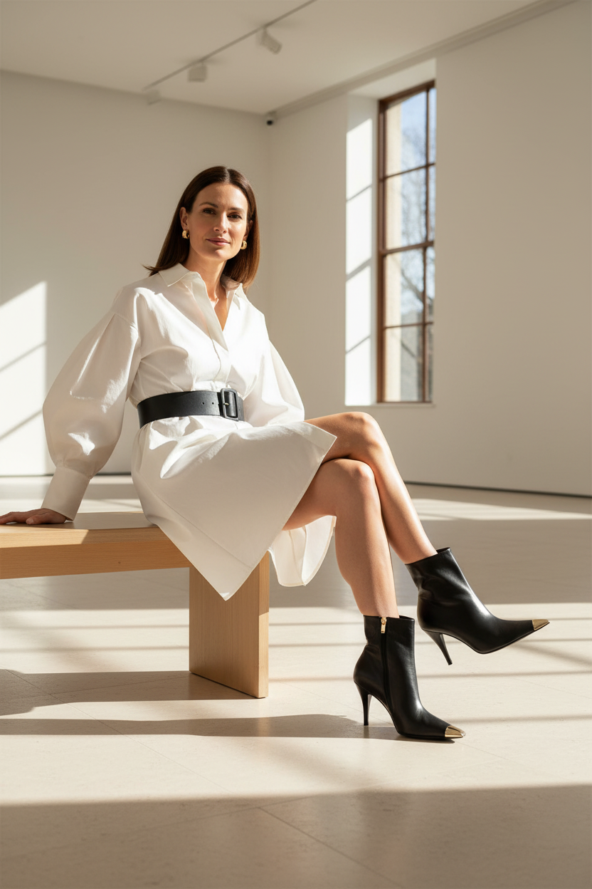 Inga black leather ankle boots with gold toe cap styled with an ivory poplin shirt dress on pale limestone