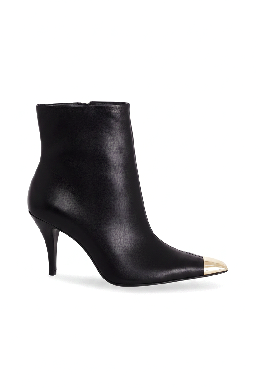 Inga black leather ankle boots side view with gold toe cap and 8.7cm stiletto heel