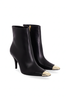 Inga black leather ankle boots three quarter view showing the gold side zip