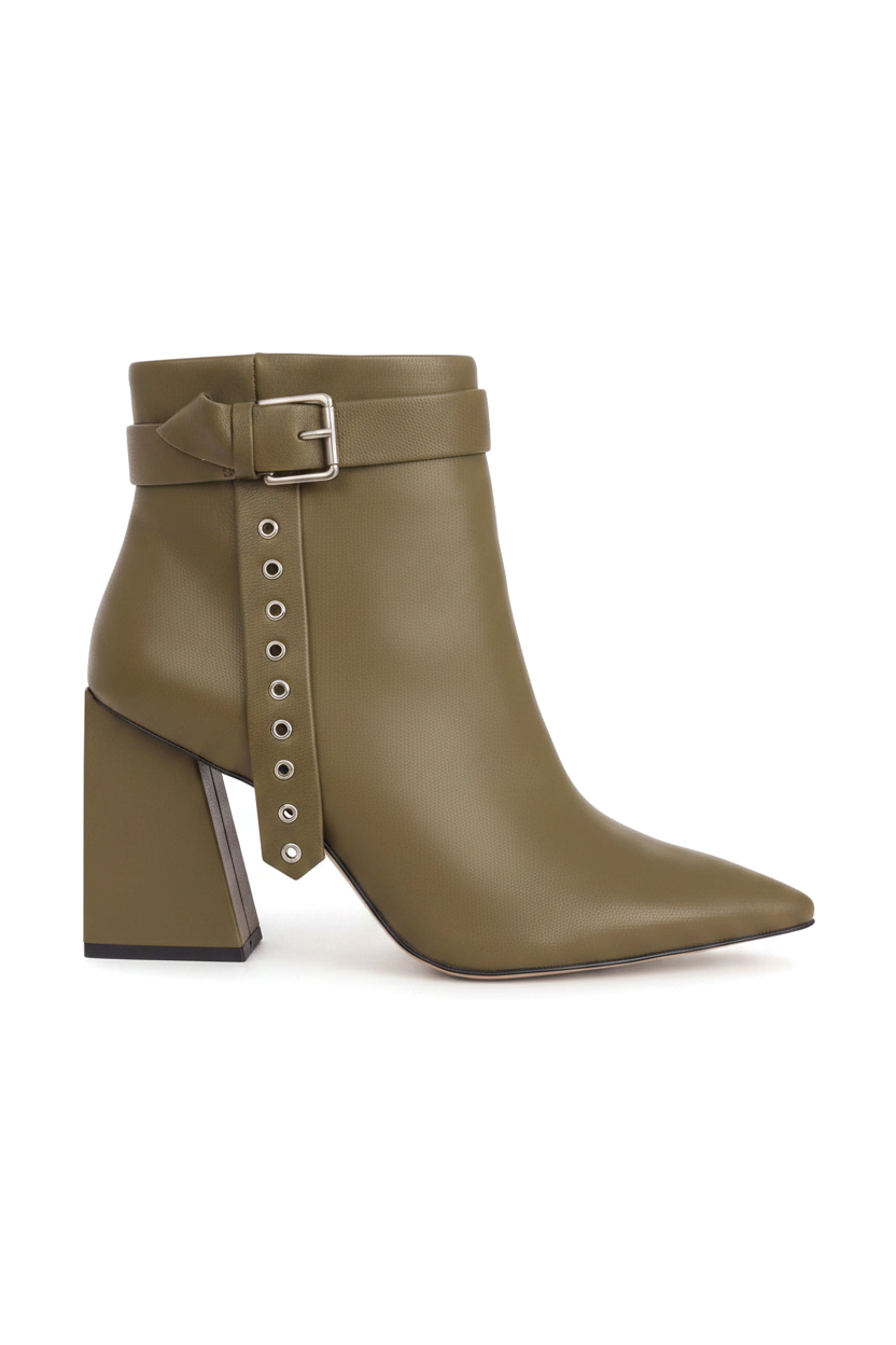 Salvia olive green leather ankle boots with silver buckle strap and eyelet tab, side view on white background