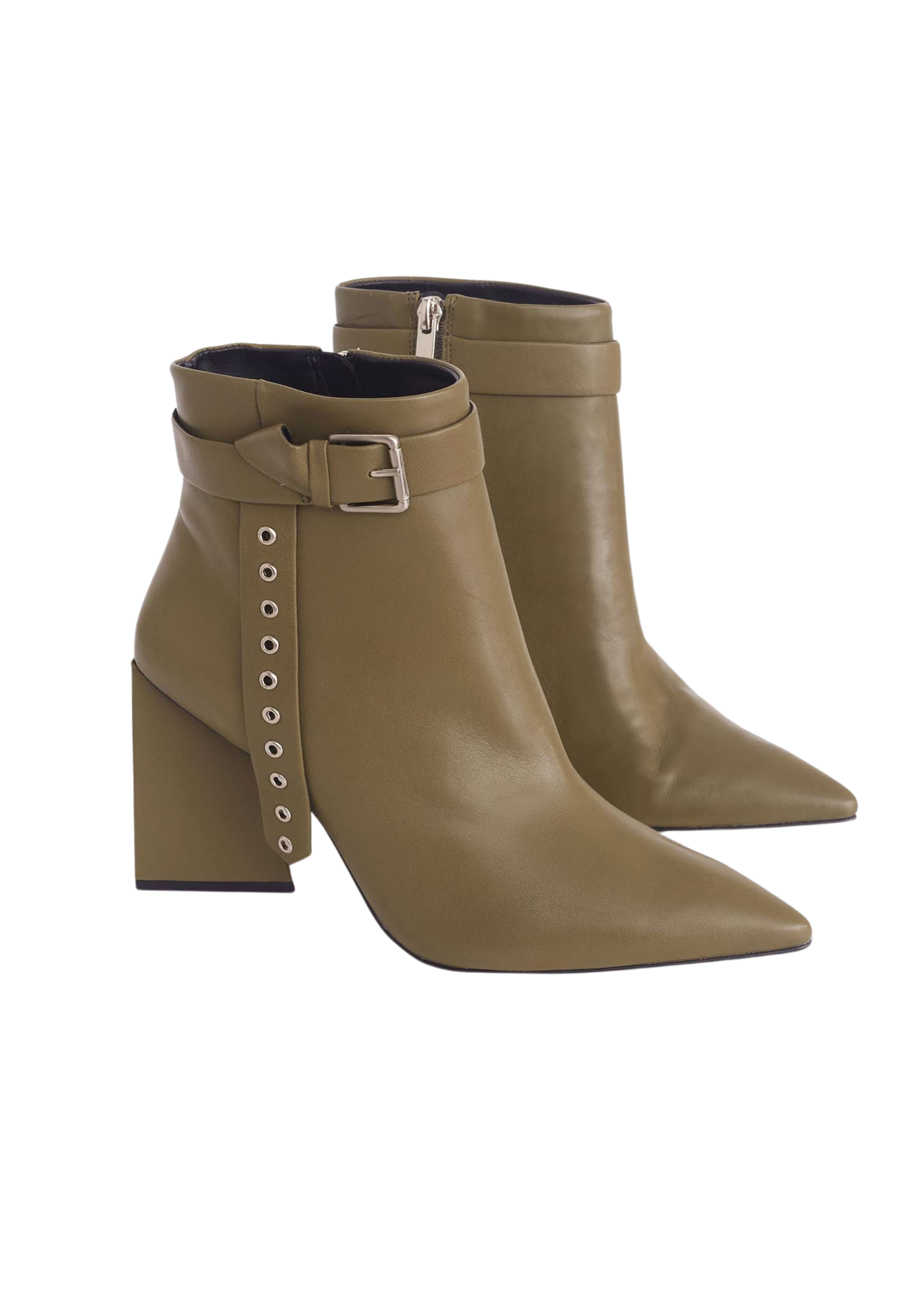 Salvia olive green leather ankle boots, pair seen from the rear showing the block heel and eyelet strap