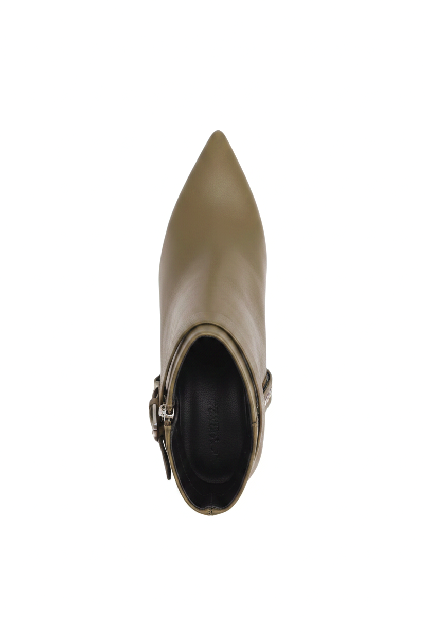 Salvia olive green ankle boots top view showing sharp pointed toe and buckle strap