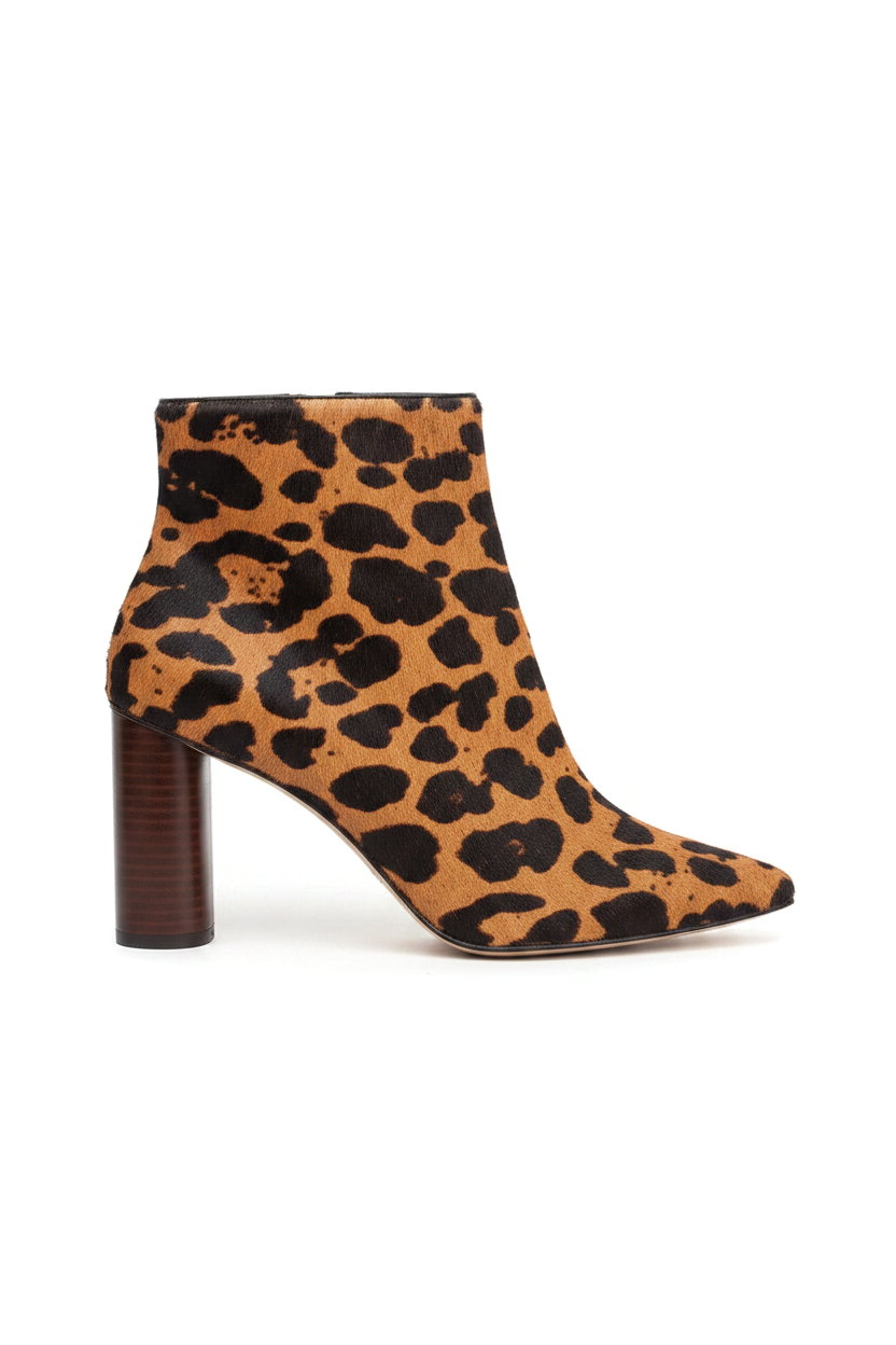 Sapucaia leopard print calf hair ankle boots side view with cylindrical wooden heel