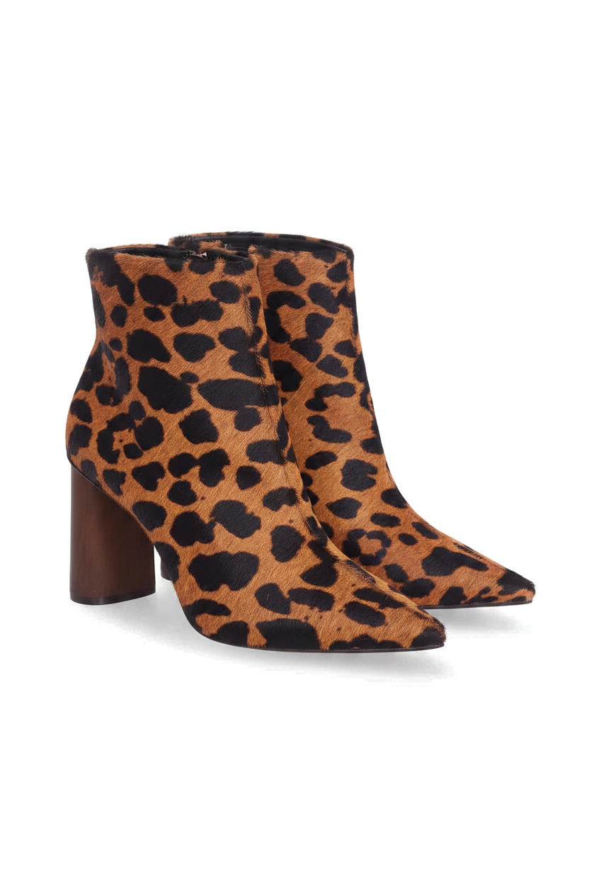 Sapucaia leopard print calf hair ankle boots three quarter view with pointed toe