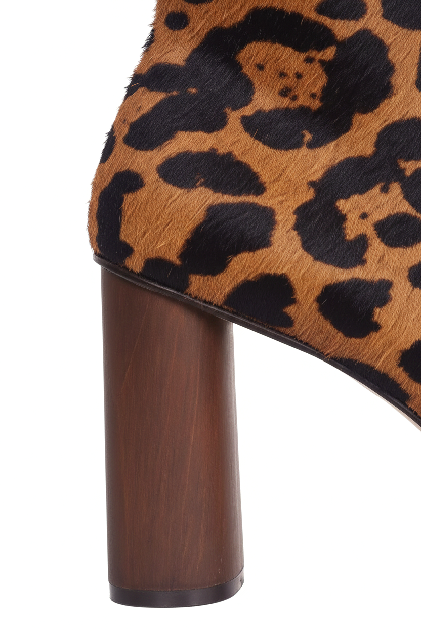 Close up detail of the calf hair texture and cylindrical wooden heel on the Sapucaia boots