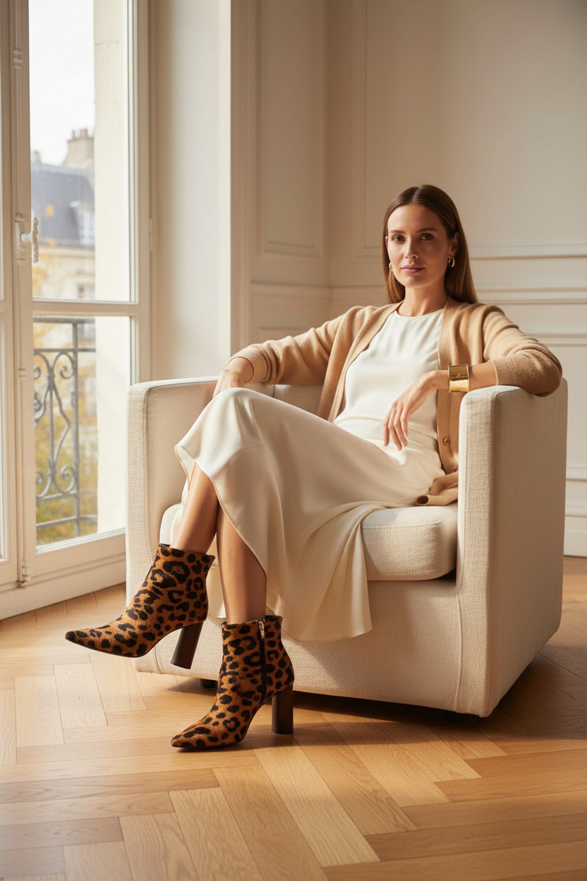 Sapucaia leopard print calf hair ankle boots with dark cylindrical wooden heel, styled with an ivory silk dress in a classic interior