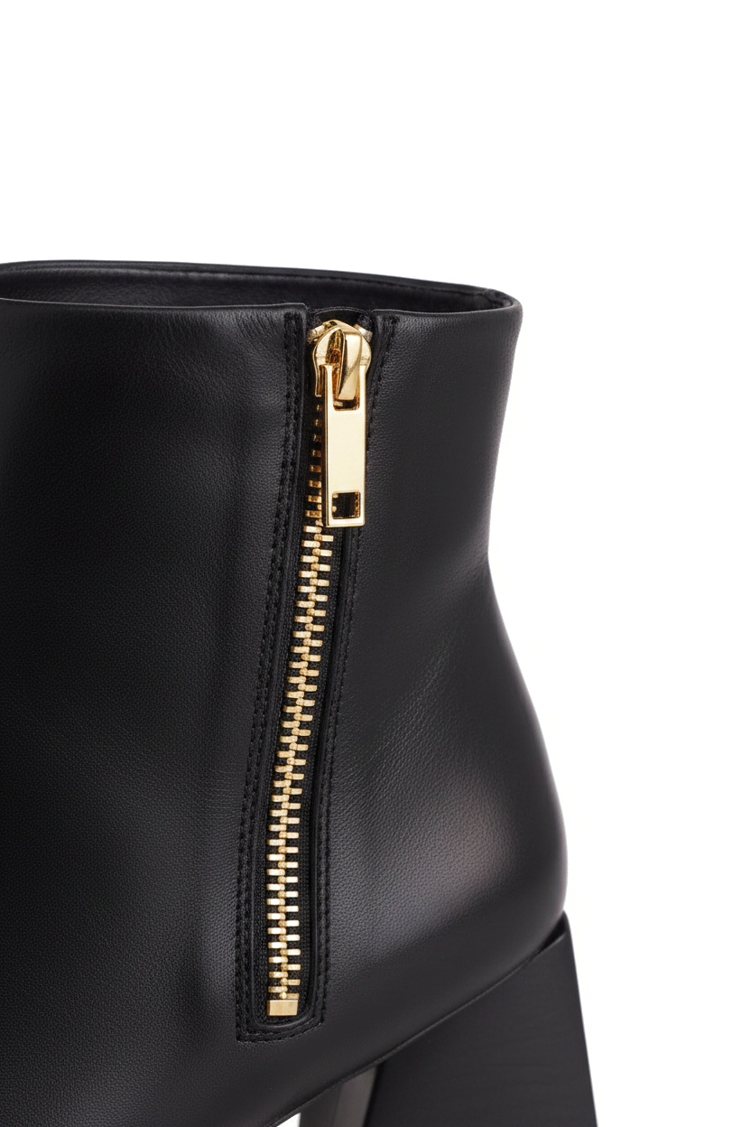 Close up of the gold inner zip on Mabea black leather ankle boots