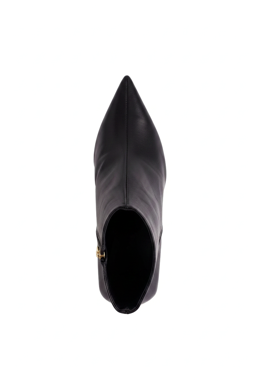Mabea black leather ankle boots top view showing centre seam, pointed toe and gold zip pull