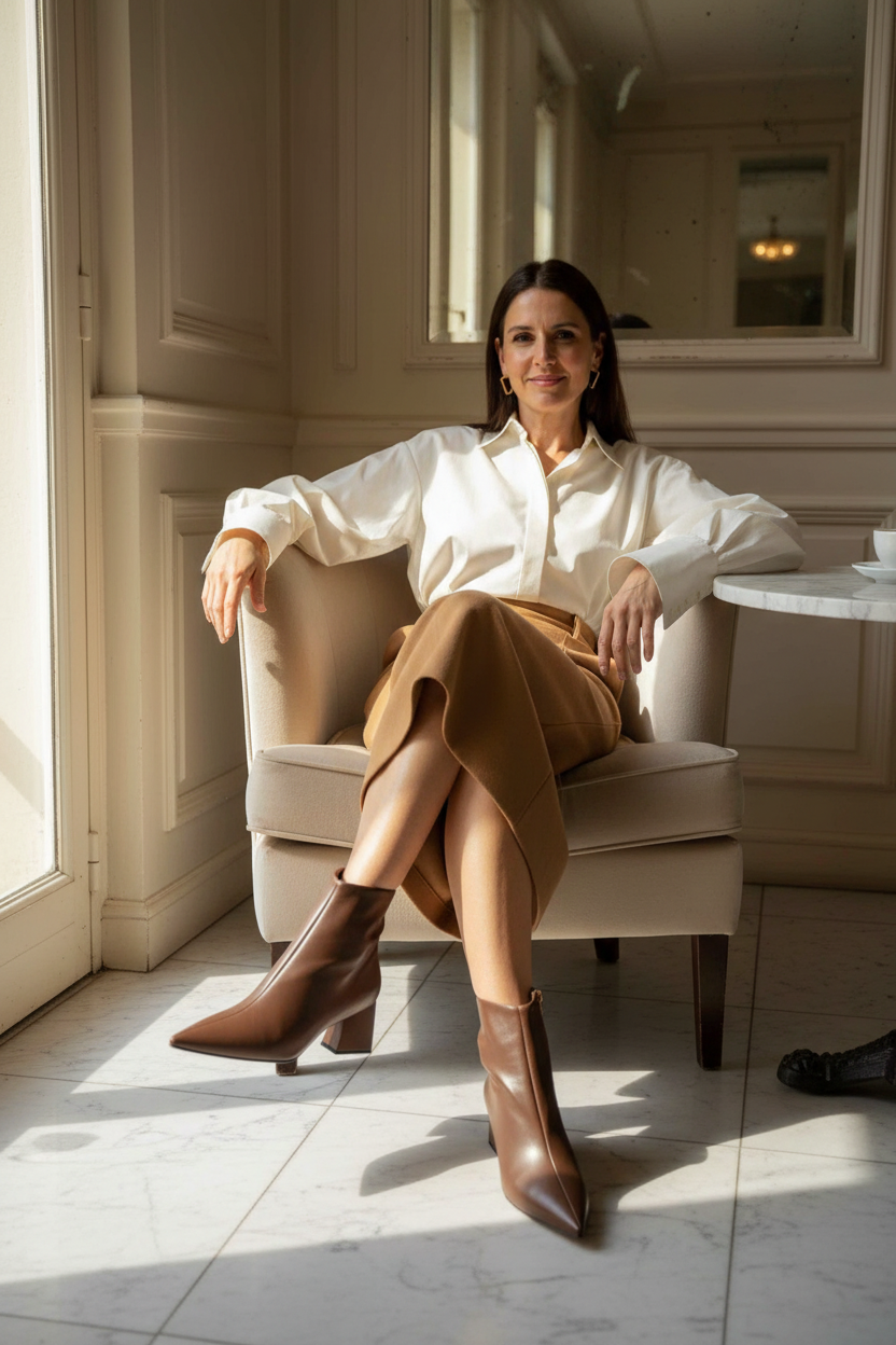 Woman wearing Mabea brown leather ankle boots seated in an old European cafe with marble floor
