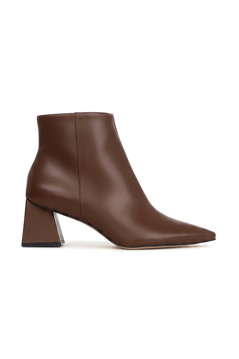Mabea brown leather ankle boots with sharp pointed toe and flared block heel, side view on white background