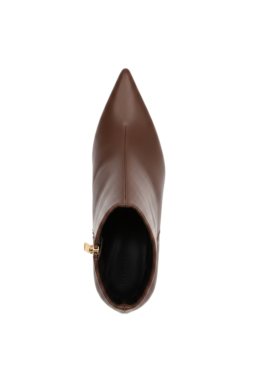 Mabea brown leather ankle boots top view showing centre seam, pointed toe and gold zip pull