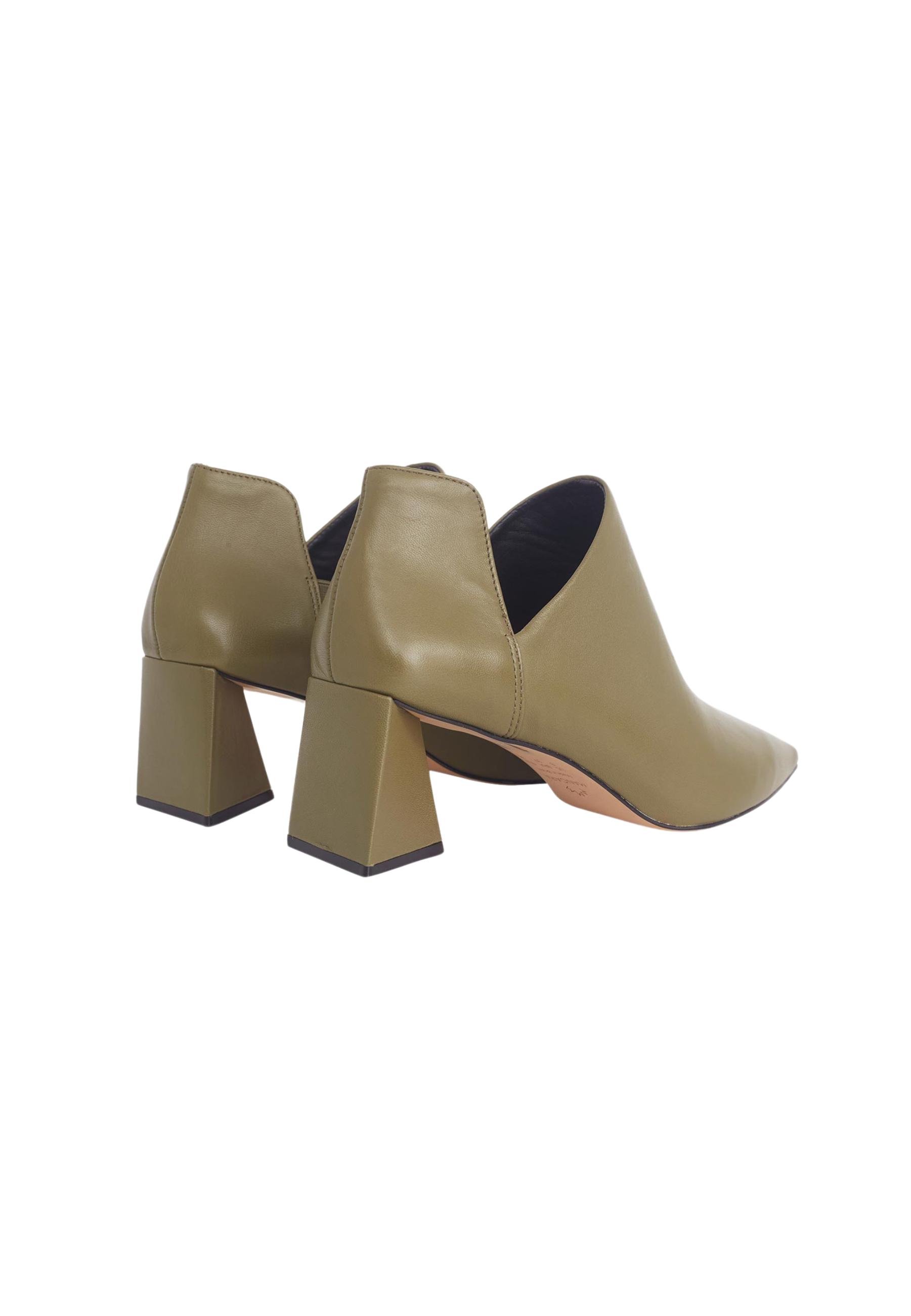 Maranta olive green leather ankle boots, rear view showing the flared block heel