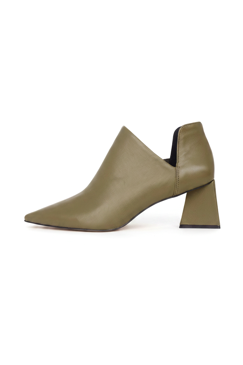 Maranta olive green leather ankle boots with pointed toe and flared block heel, side view on white background