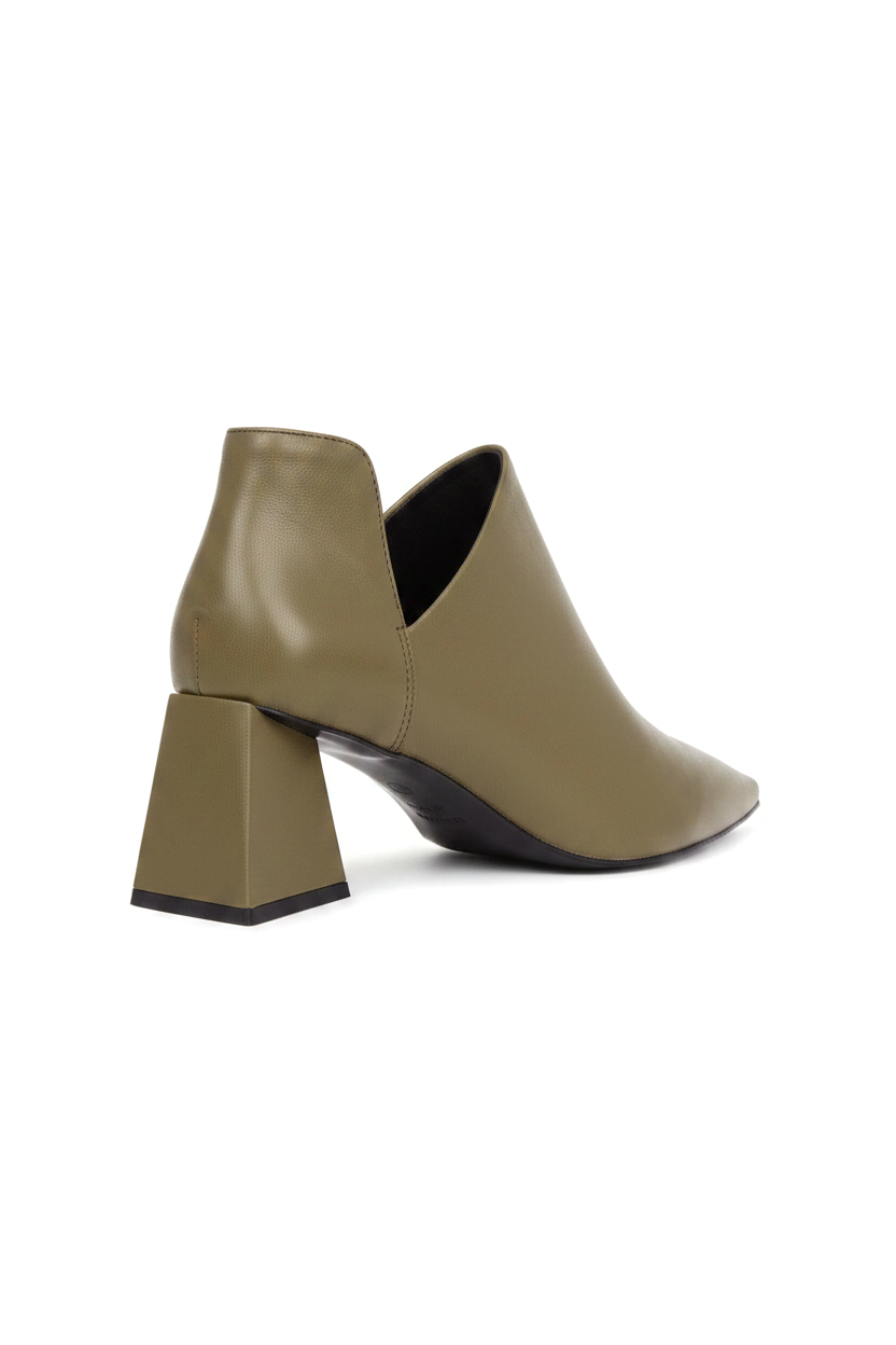 Maranta olive green leather ankle boots, three quarter rear view showing flared trapeze heel