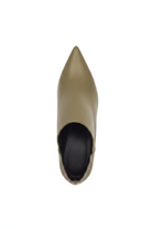 Maranta olive green ankle boots top view showing sharp pointed toe and black lining
