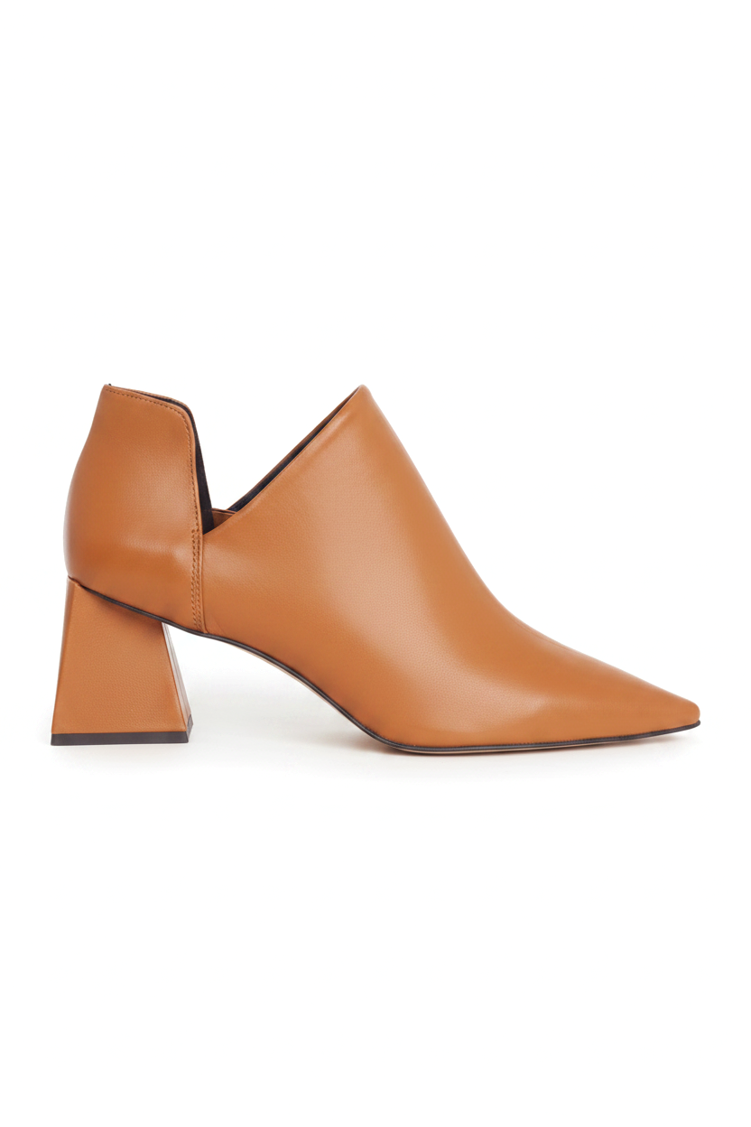 Maranta caramel brown leather ankle boots with pointed toe and flared block heel, side view on white background