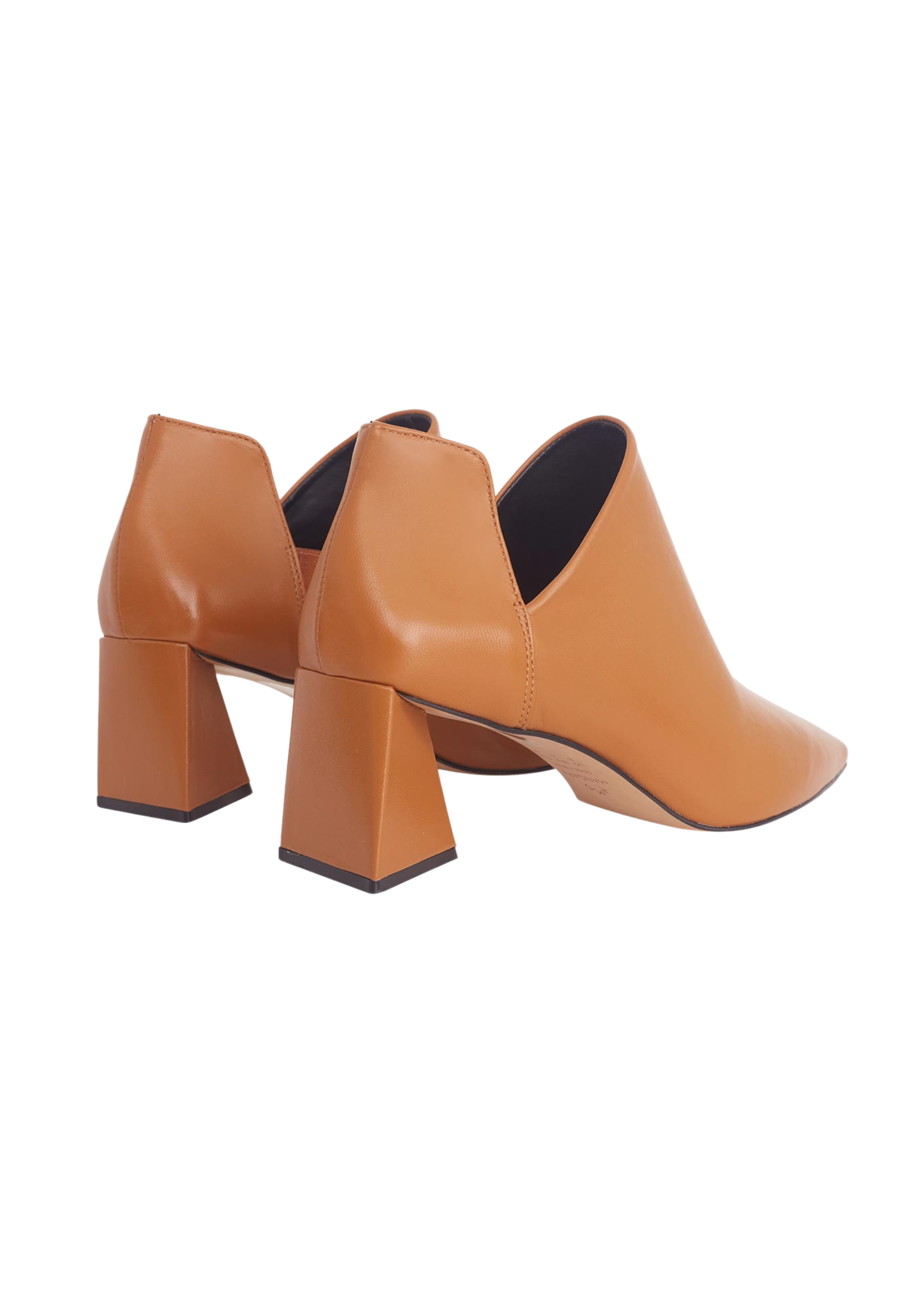 Maranta caramel leather ankle boots, rear view showing the flared block heel