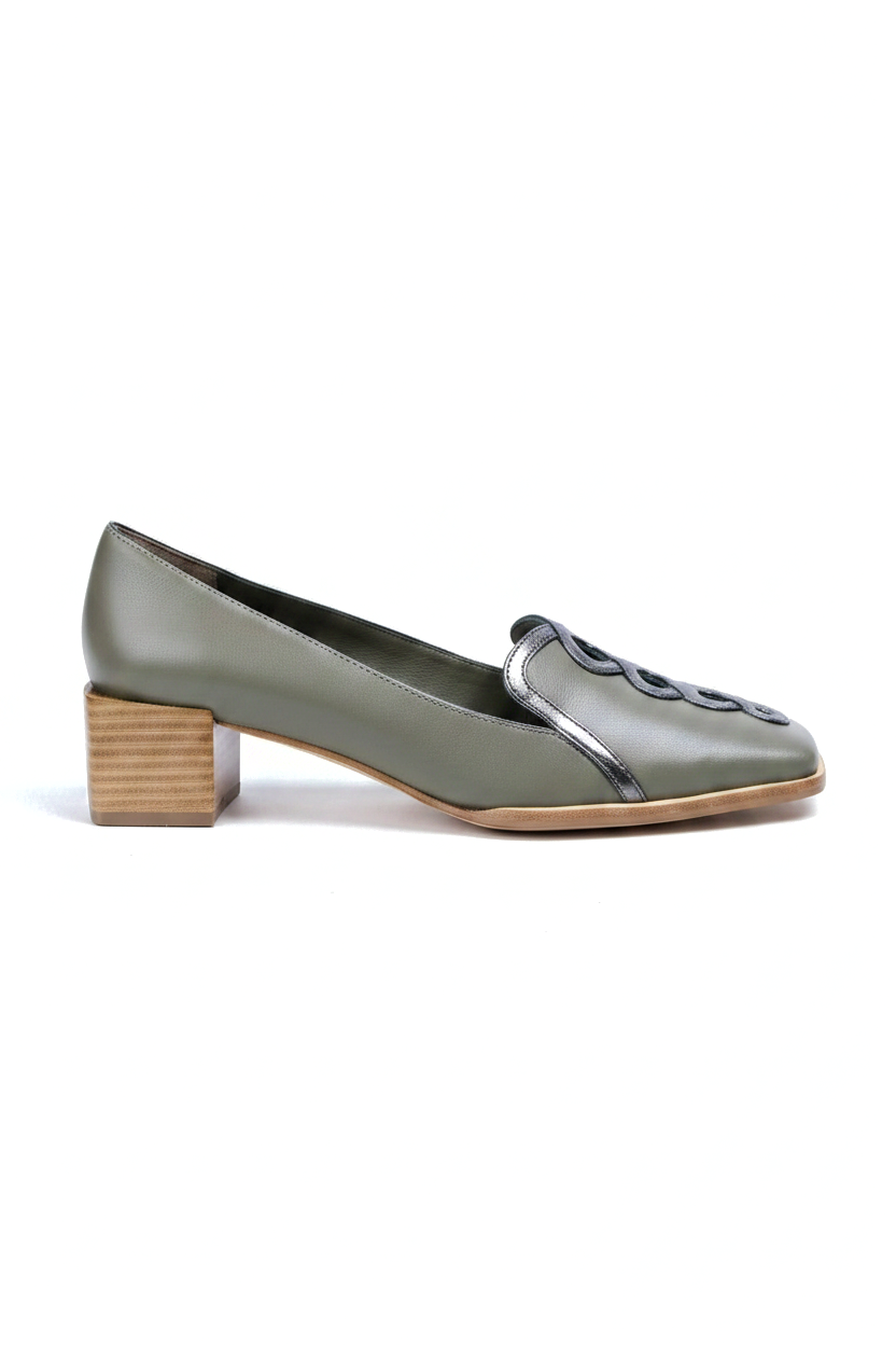 Cordia olive green leather loafers side view with square toe and 4cm wooden block heel