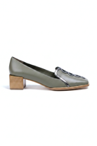 Cordia olive green leather loafers side view with square toe and 4cm wooden block heel