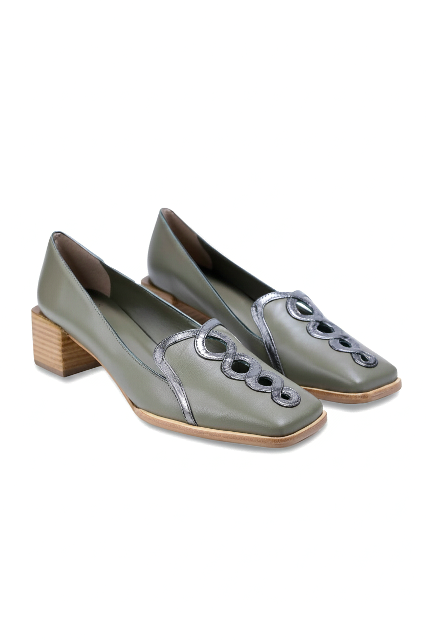 Cordia olive green leather loafers three quarter view showing the silver chain appliqué