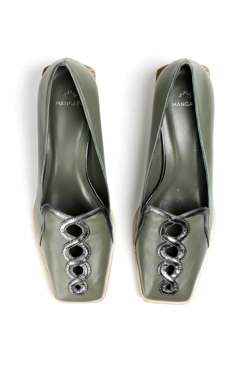 Cordia olive green leather loafers top view showing the square toe and green leather lining