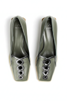 Cordia olive green leather loafers top view showing the square toe and green leather lining
