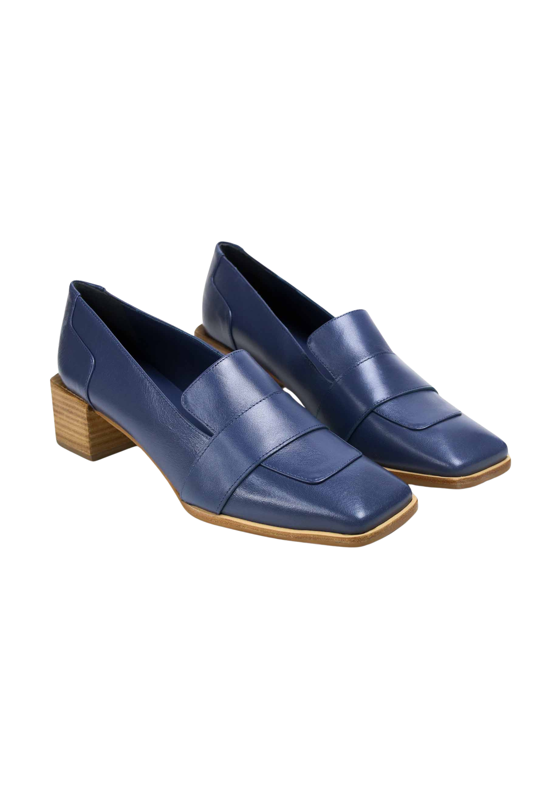 Mangara Atelier Louro Indigo Blue Calf Leather Loafers 4cm wooden block heel - Pair view - SKU MOBL