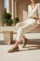 Woman wearing Mangara Atelier Louro Olive Green Calf Leather Loafers with 4cm block heel - SKU MOMA