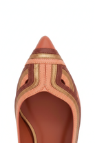 Close up detail of the layered art deco leather inlay on the Begonia caramel ballerinas