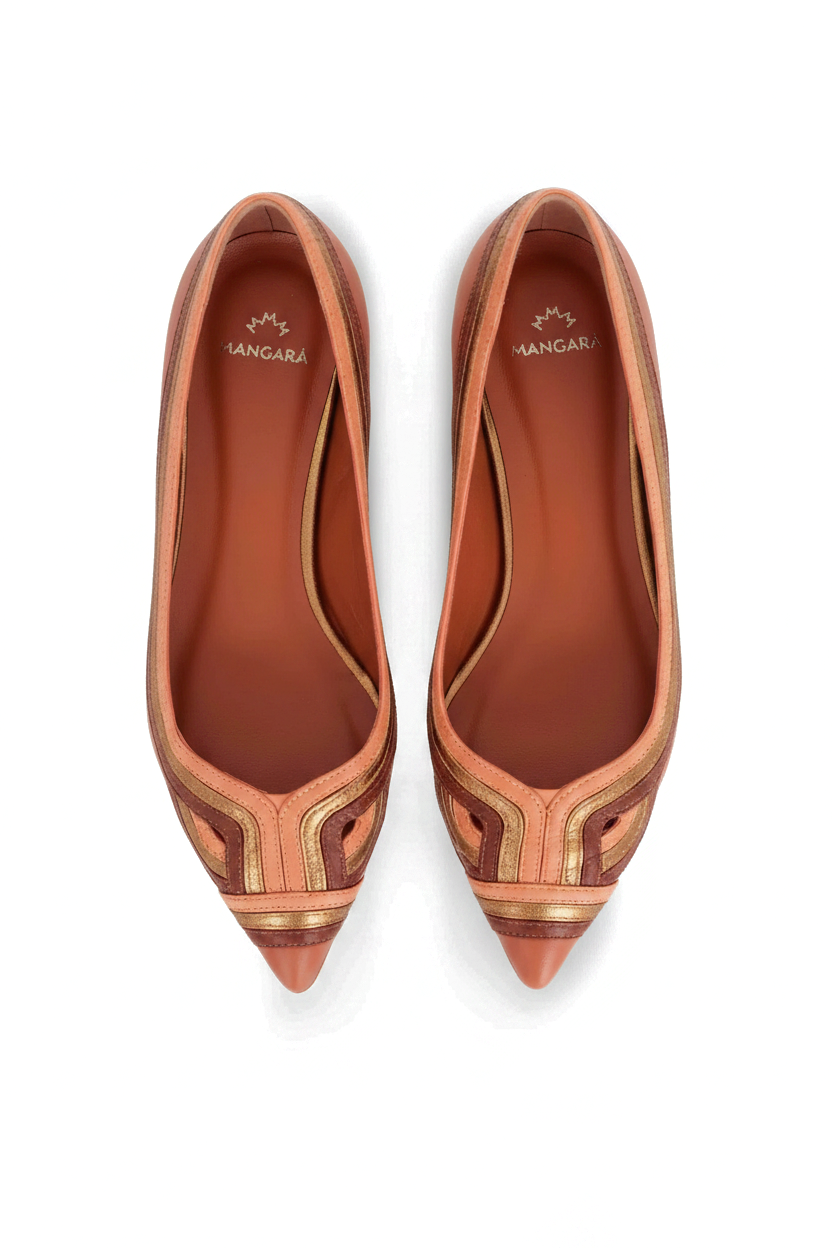 Begonia caramel leather ballerinas top view showing the art deco inlay and terracotta leather lining