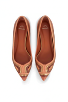 Begonia caramel leather ballerinas top view showing the art deco inlay and terracotta leather lining