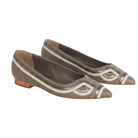 Mangará Begonia olive green leather ballerinas, three-quarter view showing the layered art deco applique