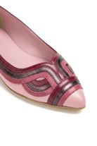 Close-up of the layered raspberry and burgundy metallic leather applique on the Mangará Begonia pink ballerina