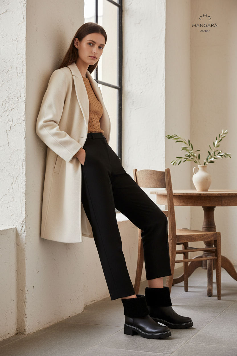 Andira Black Leather Ankle Boots – Shearling Collar, 5cm Block Heel — AI-generated editorial photo