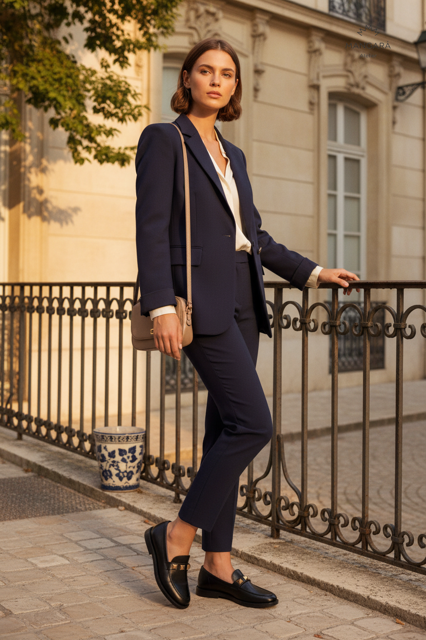 Caetê Black Leather Loafers – Gold Studs, 3cm Block Heel — AI-generated editorial photo