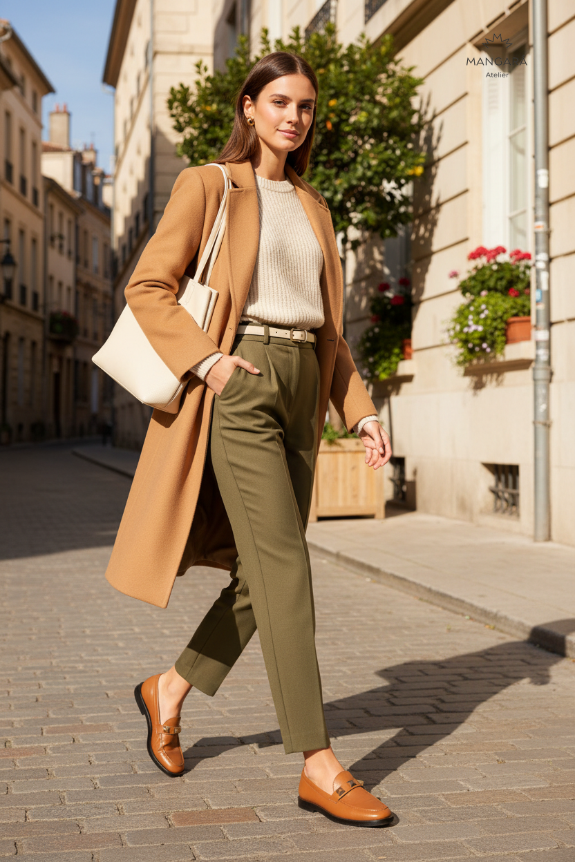 Caetê Caramel Leather Loafers – Gold Studs, 3cm Block Heel — AI-generated editorial photo