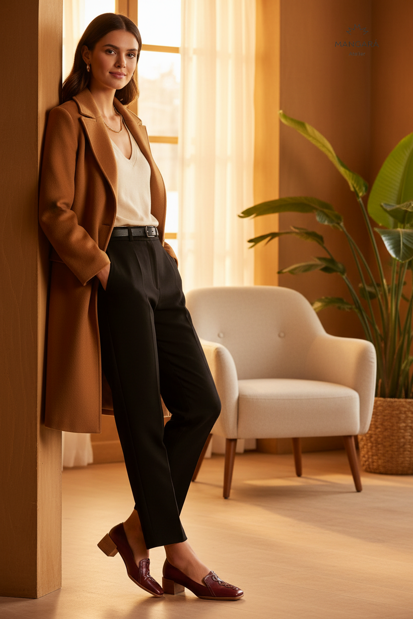 Cordía Burgundy Leather Loafers – Square Toe, 4cm Wooden Block Heel — AI-generated editorial photo
