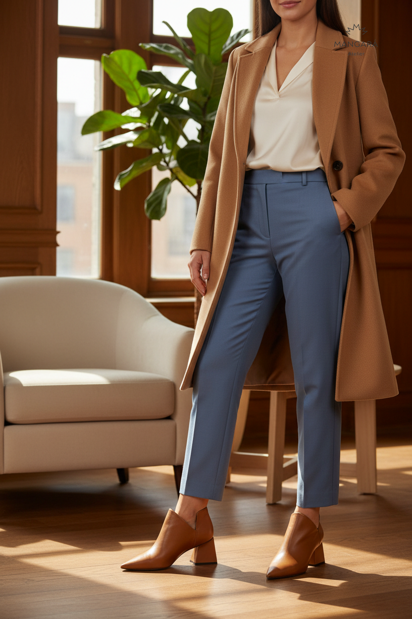 Maranta Caramel Leather Ankle Boots – Pointed Toe, 6.3cm Flared Heel — AI-generated editorial photo