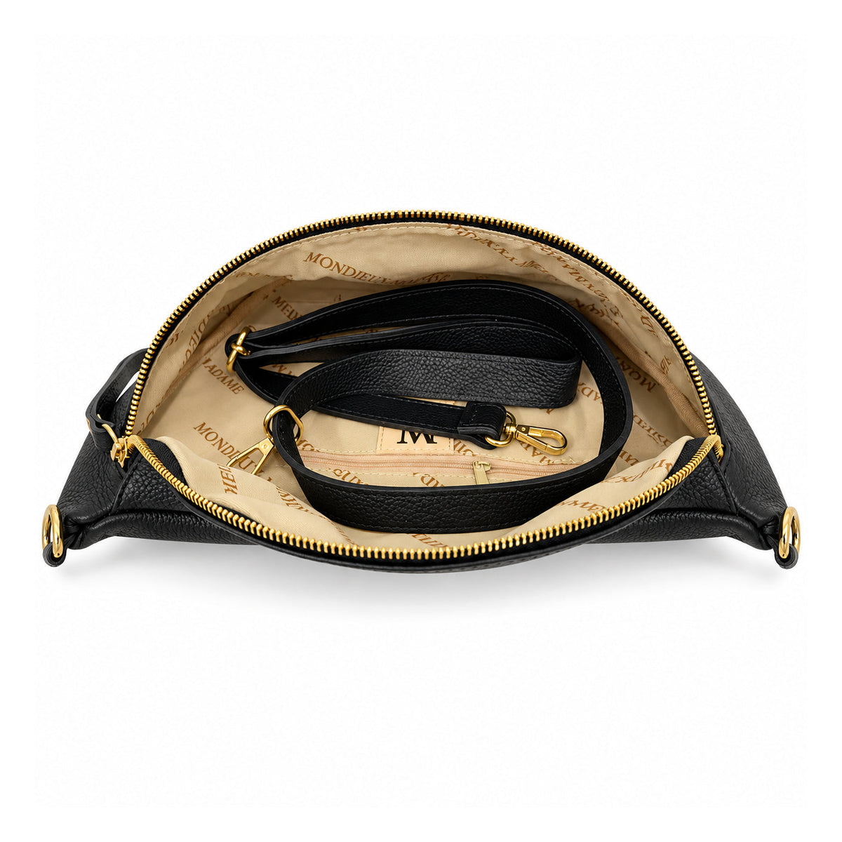 Mondieux Madame Camille leather belt bag, open view showing the printed lining, inner zip pocket and strap.