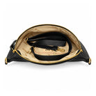 Mondieux Madame Camille leather belt bag, open view showing the printed lining, inner zip pocket and strap.