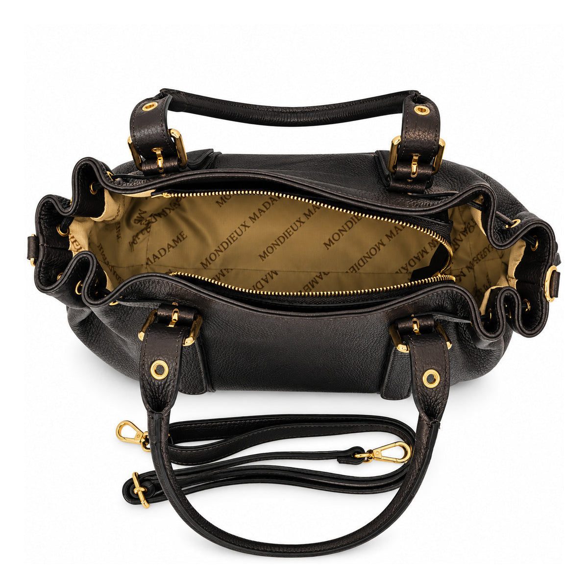 Mondieux Madame Flo leather handbag, open top view showing the printed lining and detachable strap.