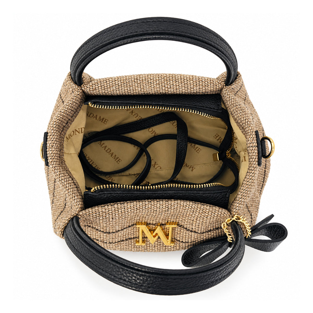 Mondieux Madame Fonta woven handbag, open view showing the printed lining, leather trim and strap.