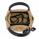 Mondieux Madame Fonta woven handbag, open view showing the printed lining, leather trim and strap.