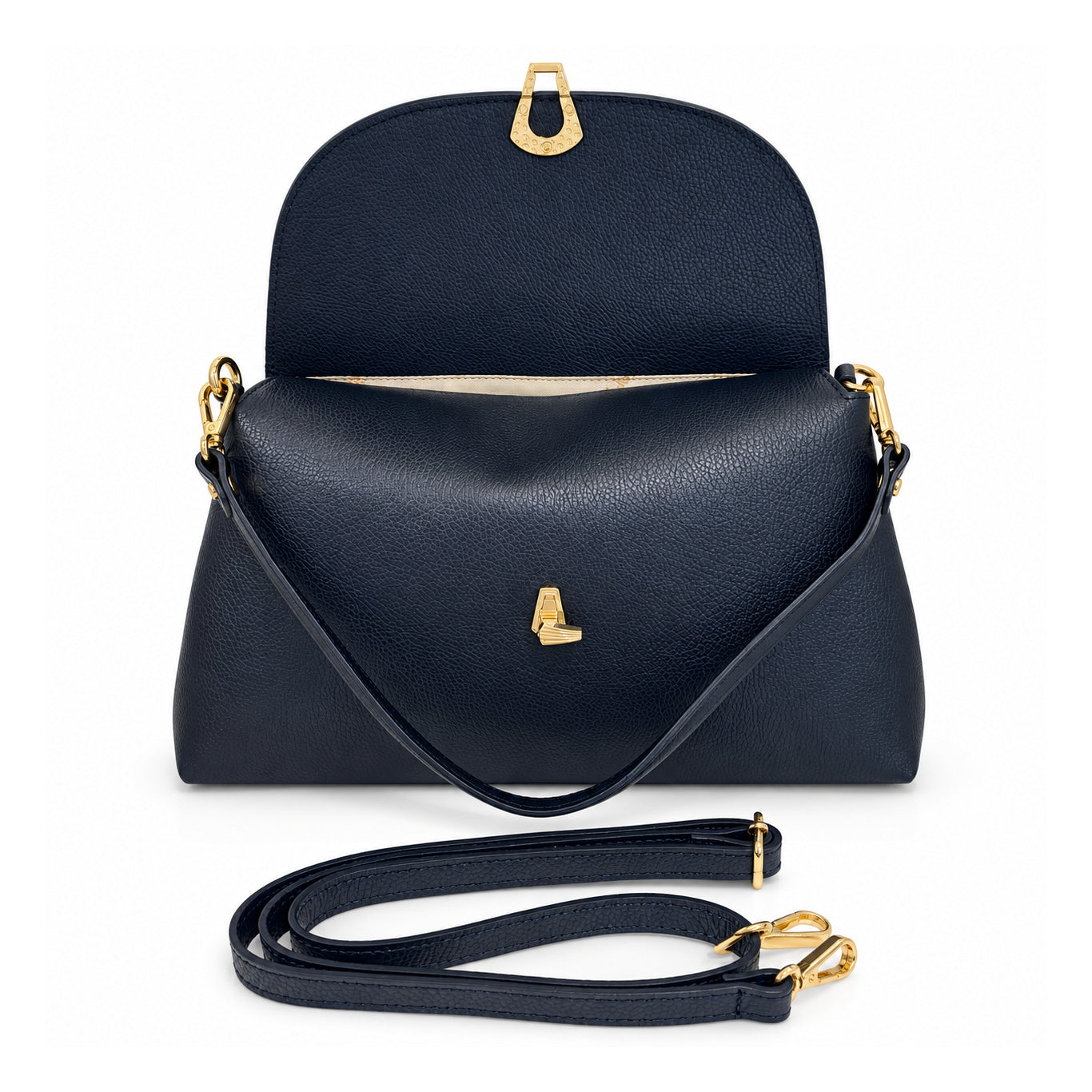 Mondieux Madame Irena navy leather shoulder bag with the flap open and detachable strap below.