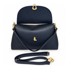 Mondieux Madame Irena navy leather shoulder bag with the flap open and detachable strap below.