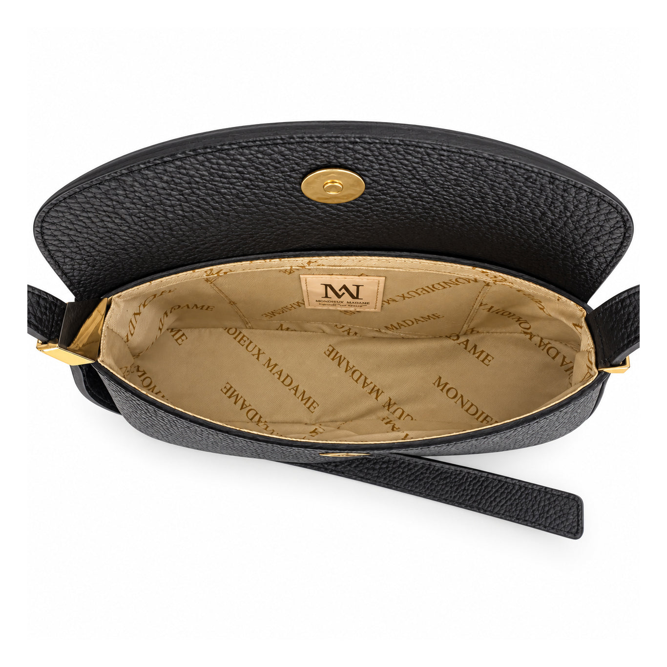 Mondieux Madame Lady leather shoulder bag, open view showing the beige printed lining and magnetic snap.