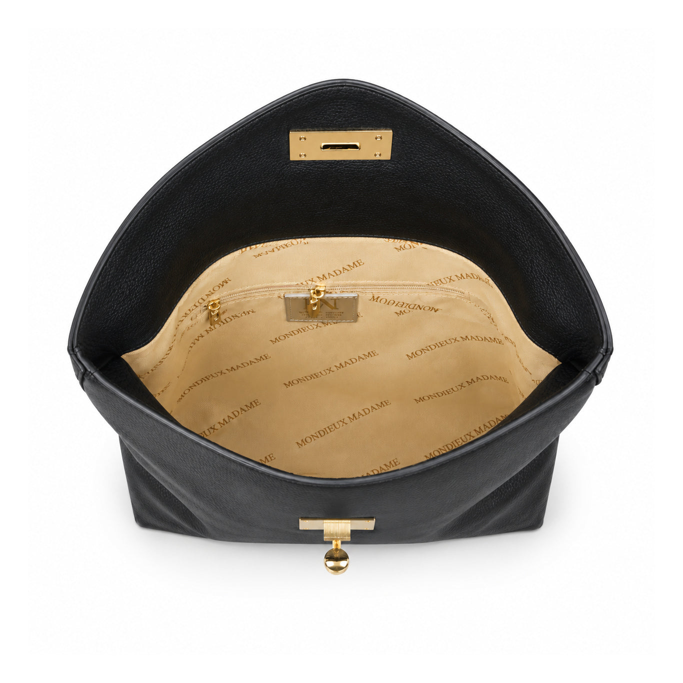 Mondieux Madame Leona leather bag, open view showing the printed lining and internal zip pocket.